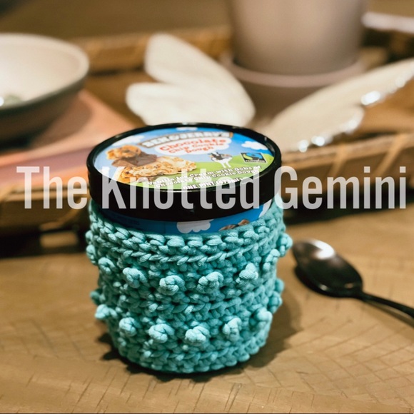 Handmade Crocheted Teal Blue Ice Cream Pint Covers - Picture 2 of 16